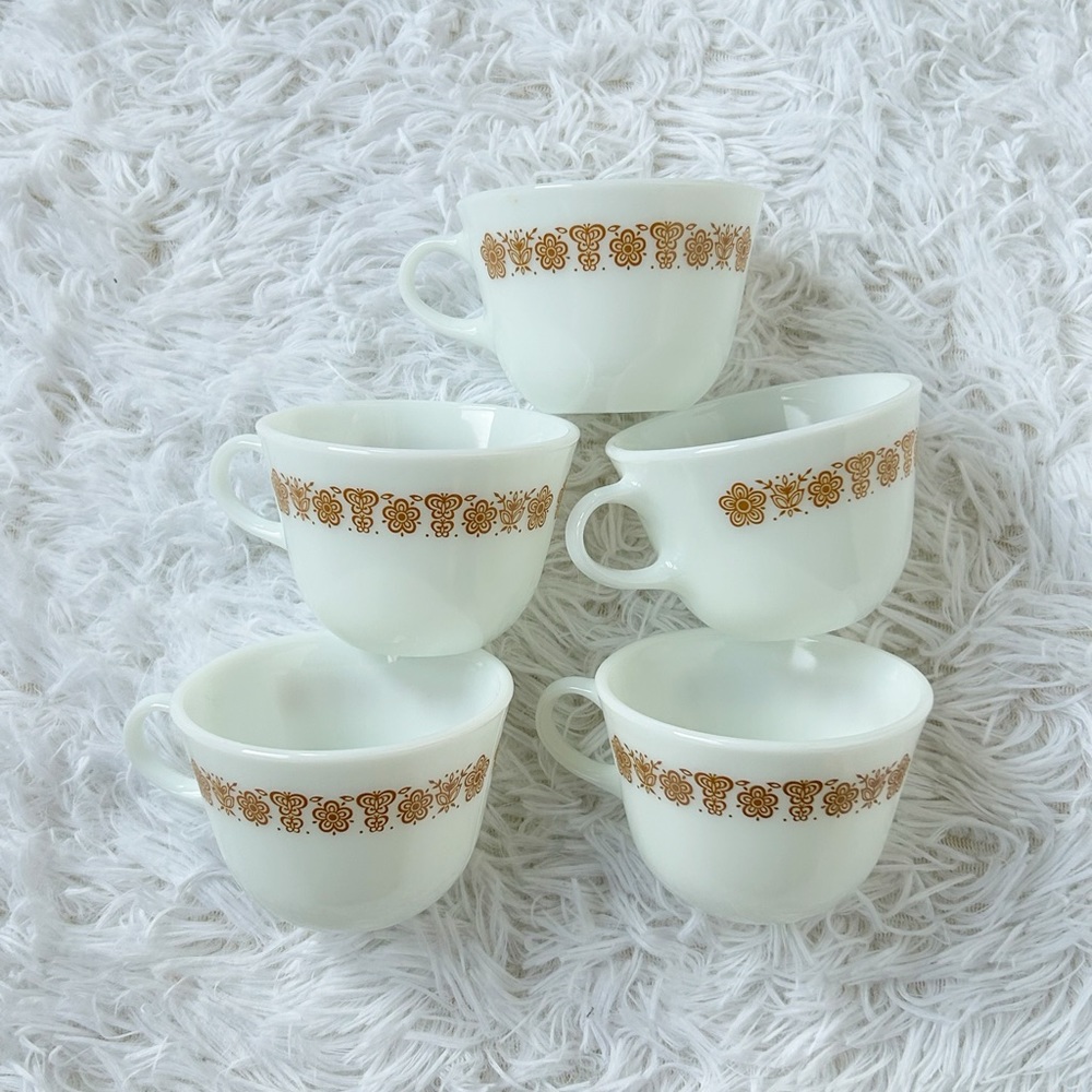 5 Vintage PYREX Gold Butterfly Floral Pattern White Milk Glass Coffee tea Cup